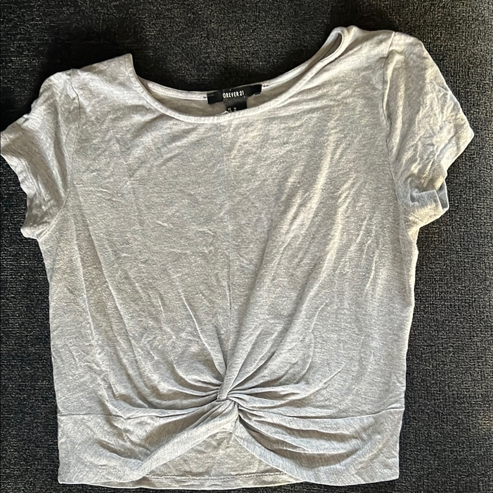 Forever 21 Gray Tie Front T-Shirt Crop Top